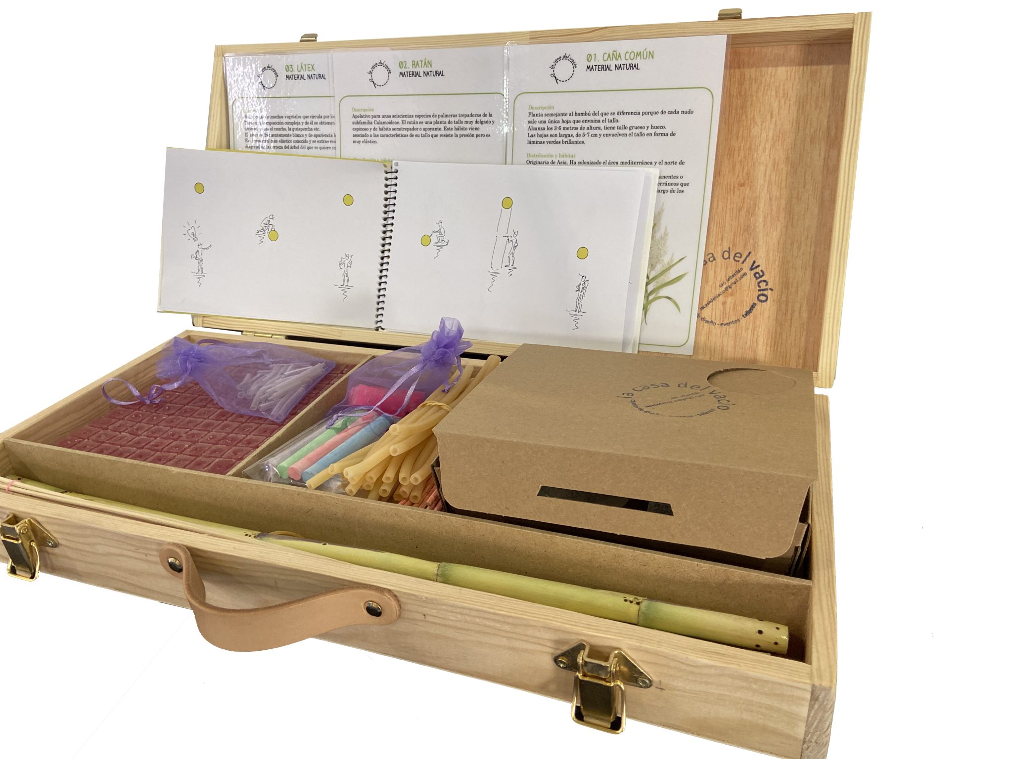 Maleta viajera abierta con las actividades y materiales del kit